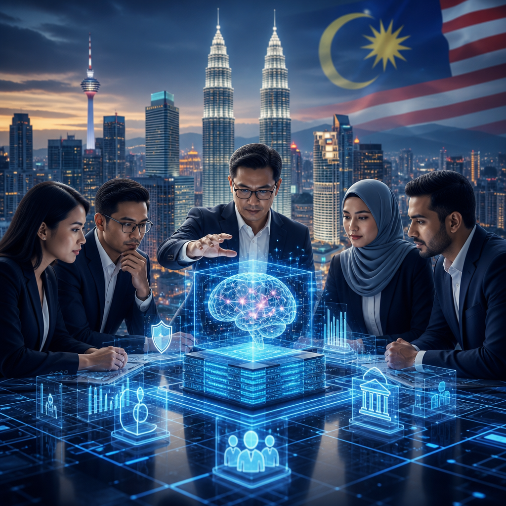 Malaysian professionals using AI data platforms with Kuala Lumpur skyline and national flag backdrop