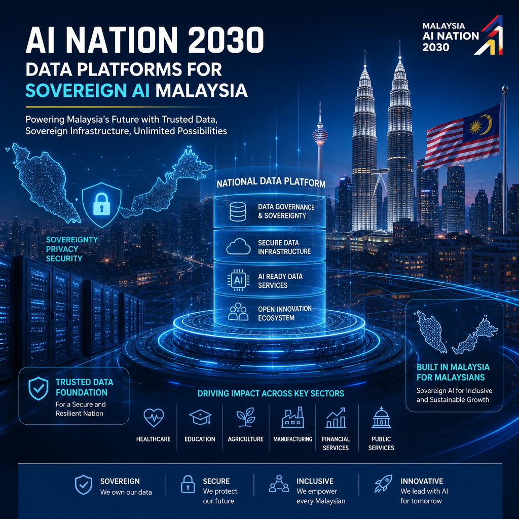 Infographic on Malaysia AI Nation 2030, highlighting sovereign AI data platforms and secure infrastructure.