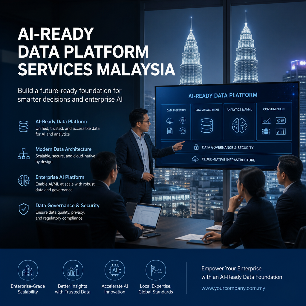 ai ready data platform - Abstract blue data platform graphic with connected nodes, charts, and AI analytics elements.