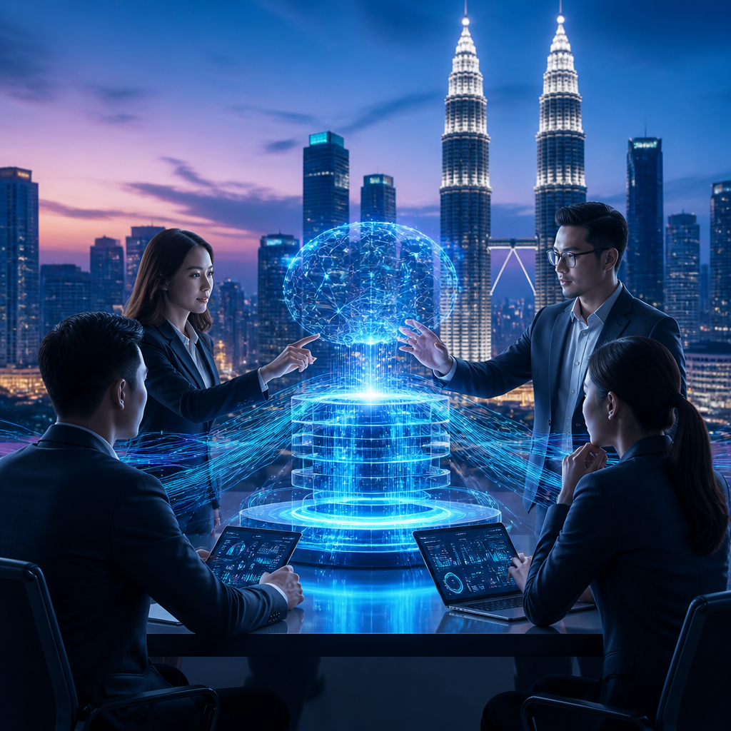 Business professionals collaborate on AI data platform with Kuala Lumpur skyline at dusk