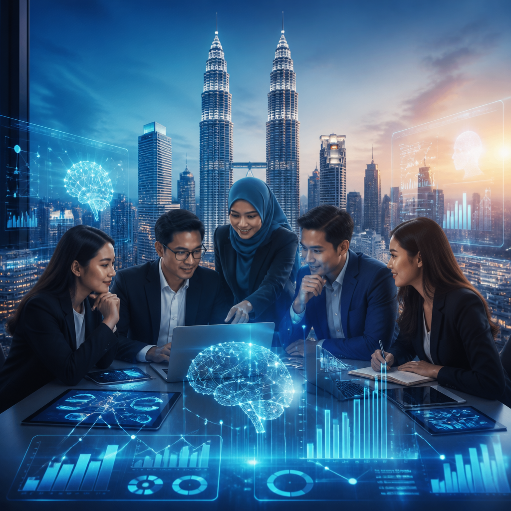 Diverse business team learning AI and data analytics with Kuala Lumpur skyline in the background