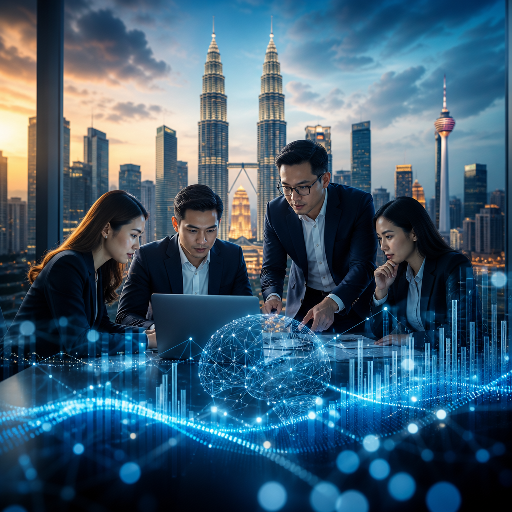 Business professionals analyzing digital data with Kuala Lumpur skyline in the background