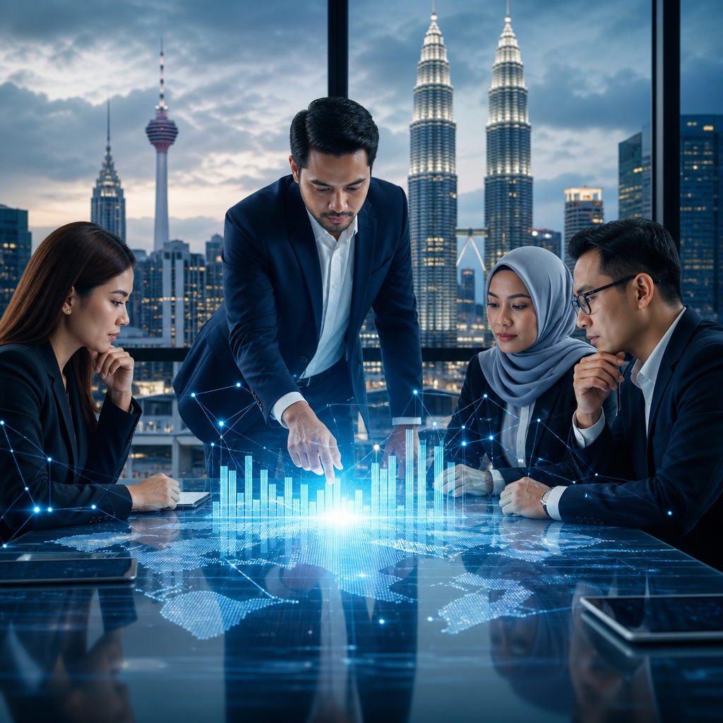 Business professionals reviewing digital analytics with Kuala Lumpur skyline in the background