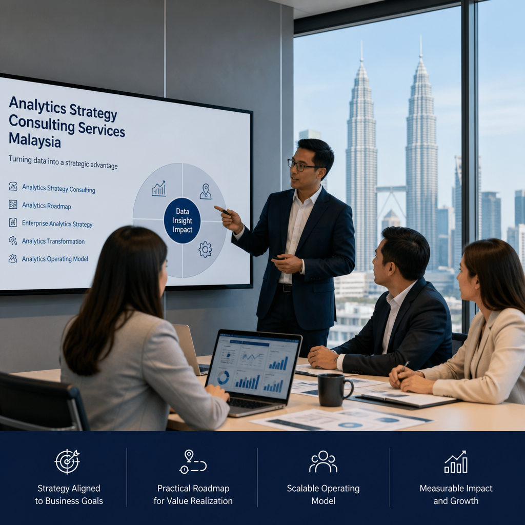 analytics strategy consulting - Business professionals discuss analytics strategy in a modern office overlooking the city sky