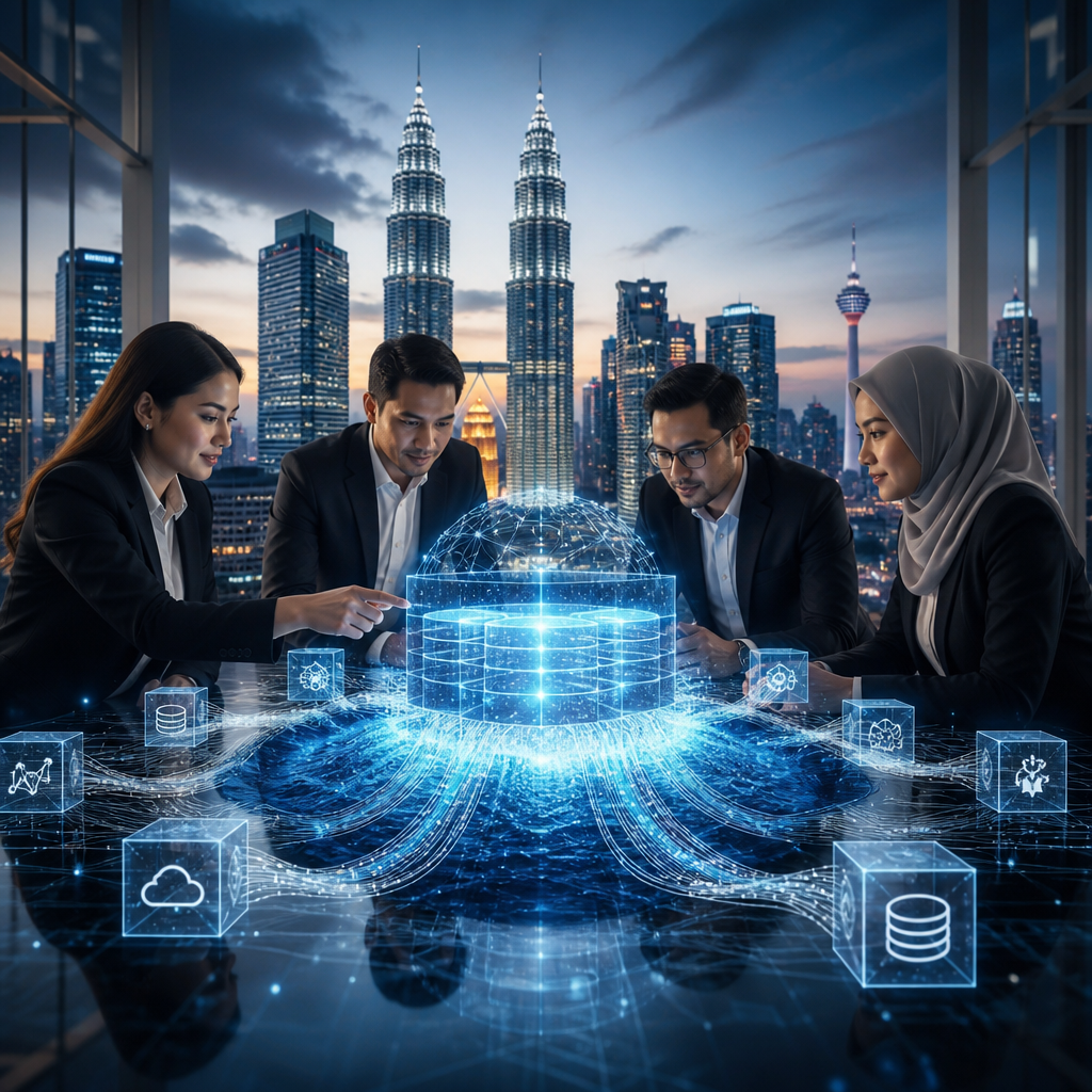 Business professionals reviewing data visualizations on digital screens with a city skyline backdrop