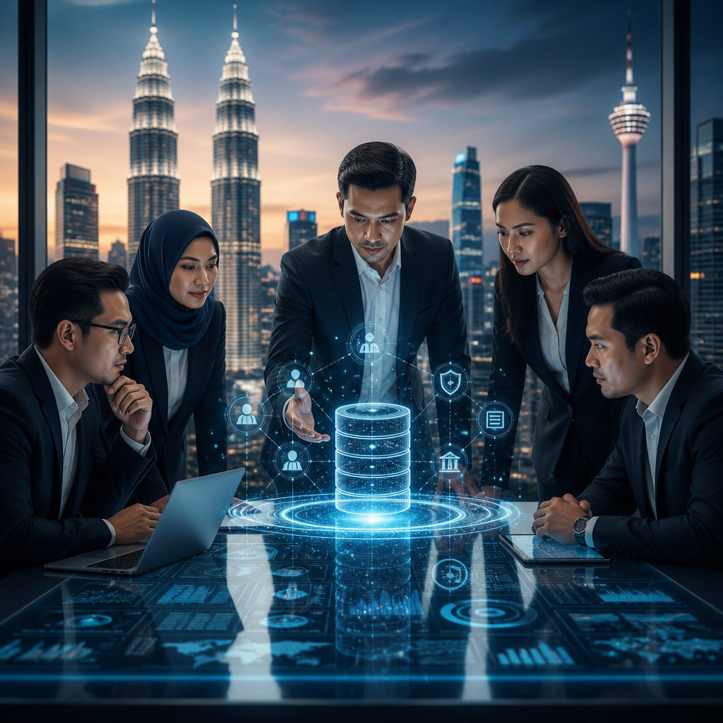 Business professionals reviewing data strategy dashboards with Kuala Lumpur skyline in the background