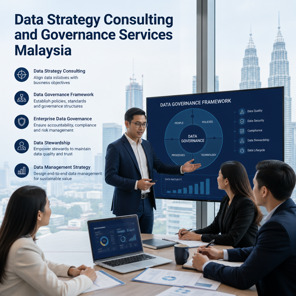 data strategy consulting - Business professionals discuss data strategy and governance with Malaysia cityscape in the backgro