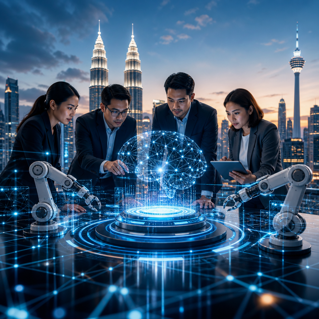 Business professionals collaborate on AI and robotics technology with a Malaysia city skyline backdrop.