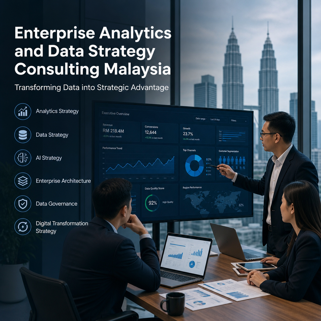 analytics strategy - Business leaders reviewing analytics dashboards and AI data strategy for digital transformation in Malay