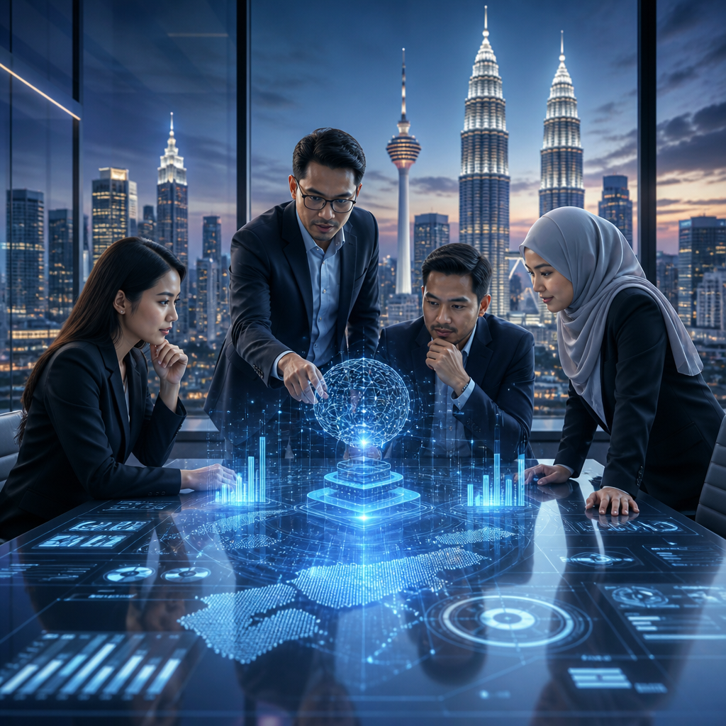 Business professionals analyzing digital data holograms in a modern office overlooking Kuala Lumpur skyline